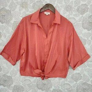 Umgee Satin Collar V neck Tied Crop Top pullover M 9277C